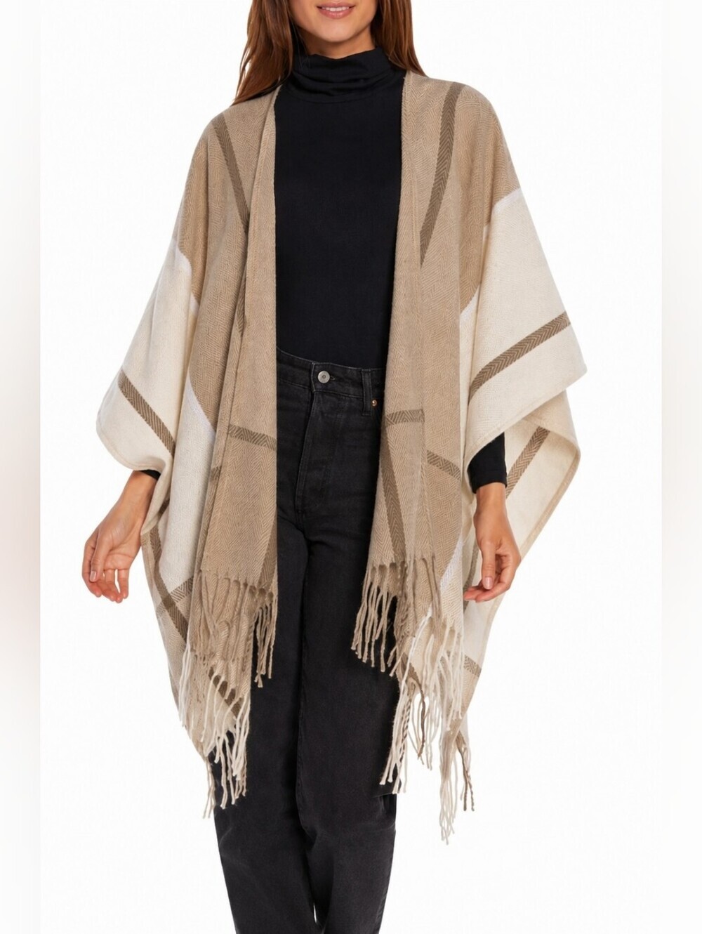 NWT Woolrich Miranda Plaid Ruana Wrap Poncho One Size Tan Fringe MSRP $70